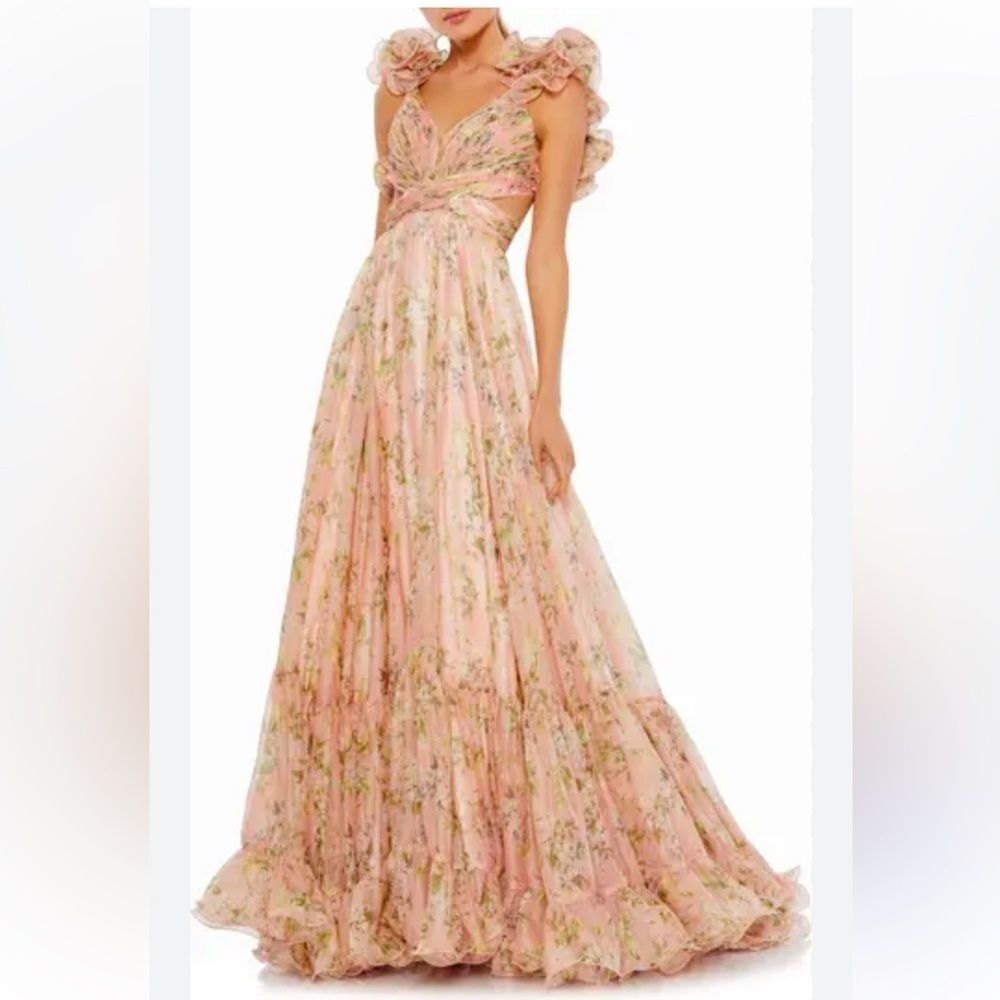 Mac Duggal Blush Pink Floral Ruffle-Shoulder Evening Gown